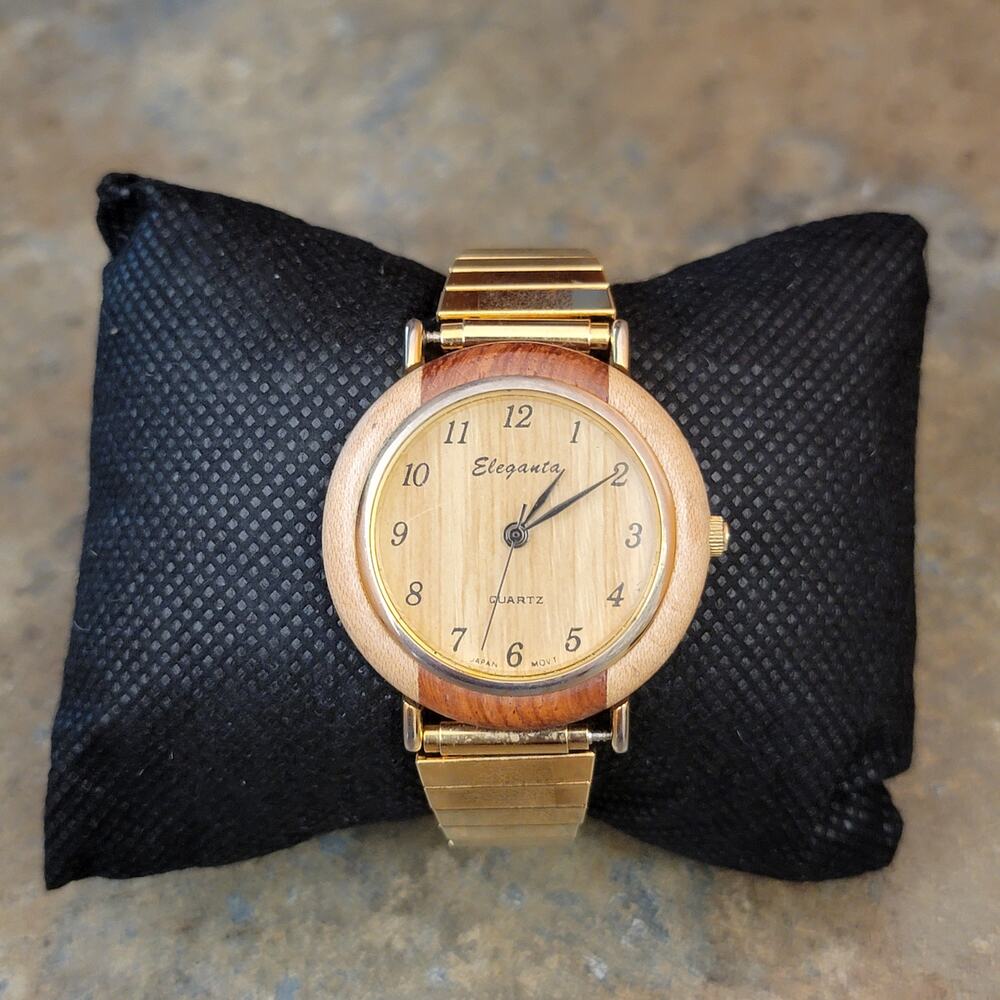 Vintage Watches Eleganta Wood Grain Quartz Watch Japan Movt Gold Band 90s